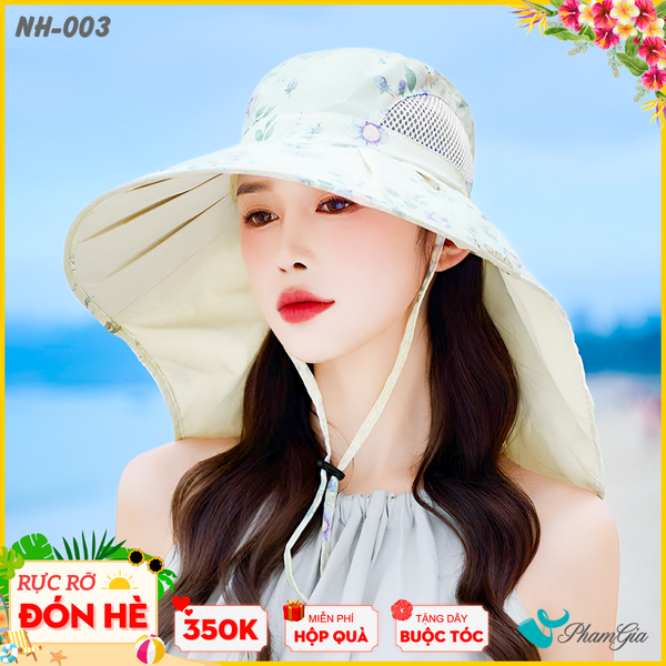 Nón Chống Nắng Rộng Vành Đa Năng Phối Họa Tiết Hoa Thanh Lịch Cao Cấp Màu Trắng Kem (NH003)