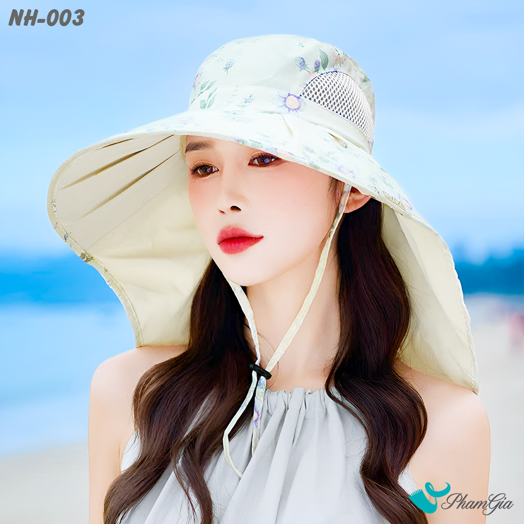 Nón Chống Nắng Rộng Vành Đa Năng Phối Họa Tiết Hoa Thanh Lịch Cao Cấp Màu Trắng Kem (NH003)