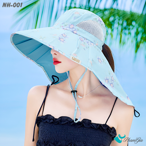 Người Mẫu Đội Nón Chống Nắng Rộng Vành Đa Năng Phối Họa Tiết Hoa Thanh Lịch Cao Cấp Màu Xanh Baby