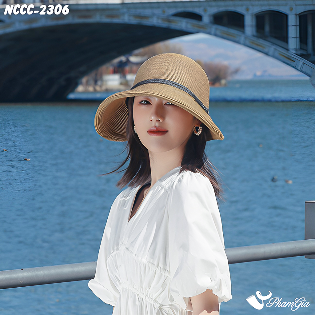 Model Đội Nón Cói Cloche Lượn Viền Phối Nơ Cao Cấp Màu Nâu Tây