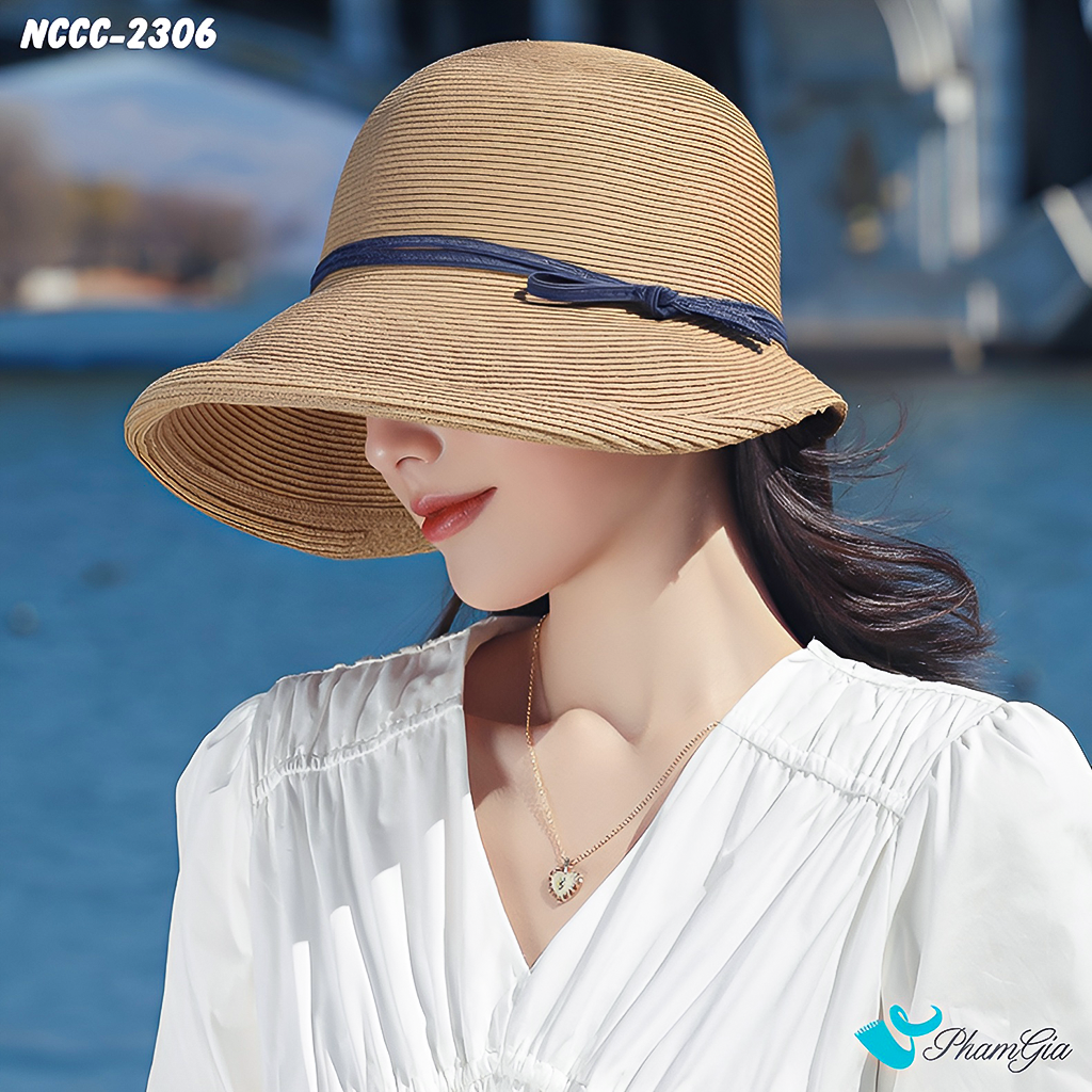 Người Mẫu Đội Nón Cói Cloche Lượn Viền Phối Nơ Cao Cấp Màu Nâu Tây