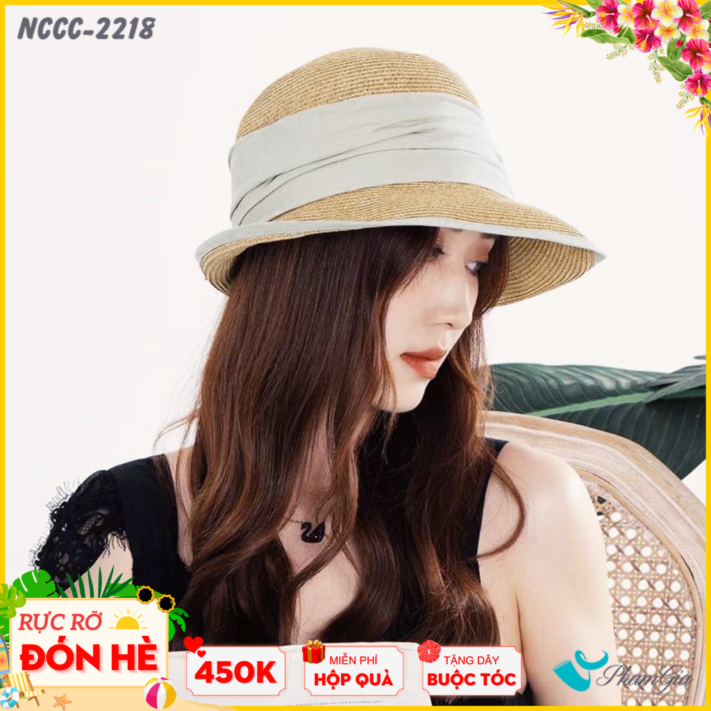 Nón Cói Cloche Phối Đai Vải Dập Ly Cao Cấp Màu Bạc Xỉu