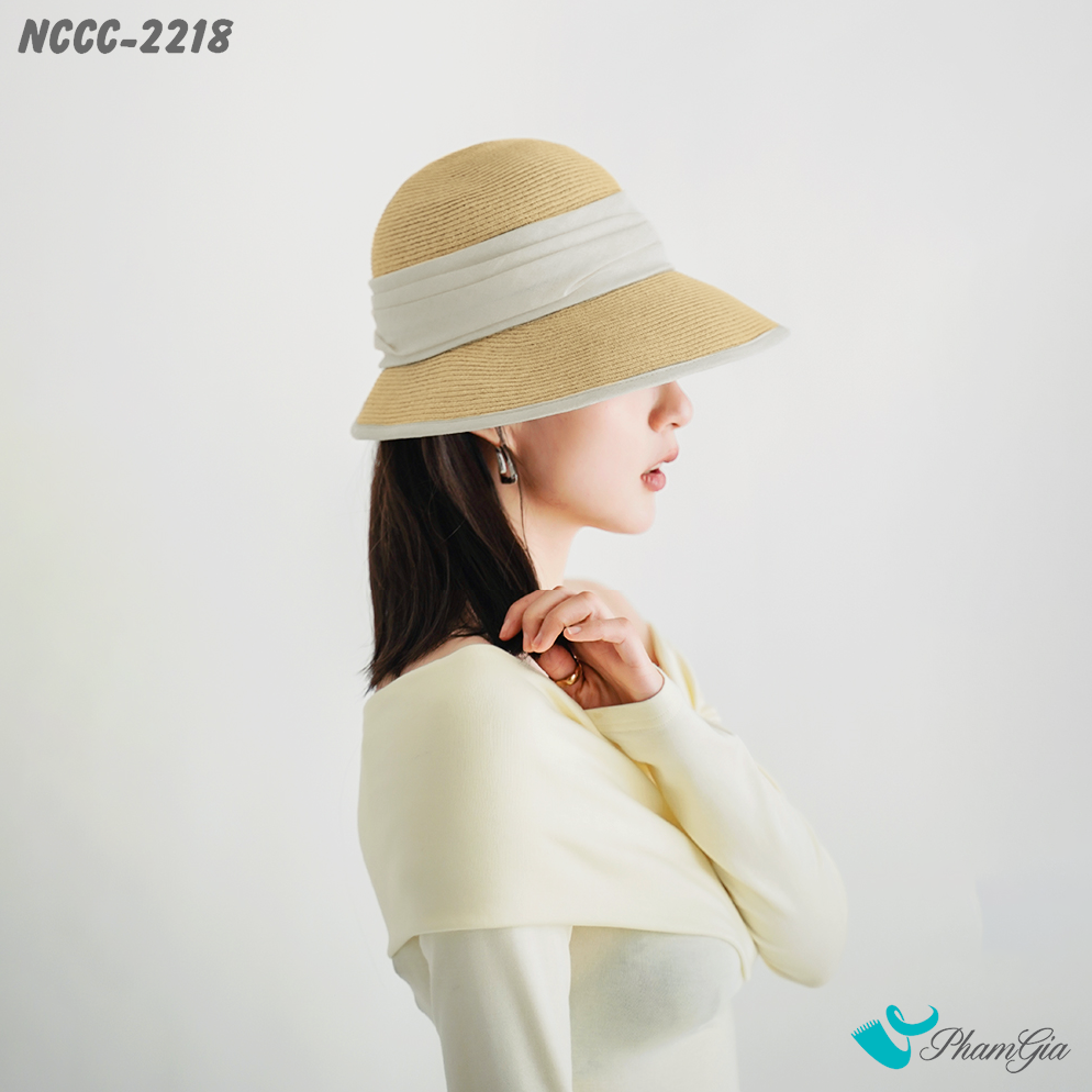 Model Đội Nón Cói Cloche Phối Đai Vải Dập Ly Cao Cấp Màu Bạc Xỉu