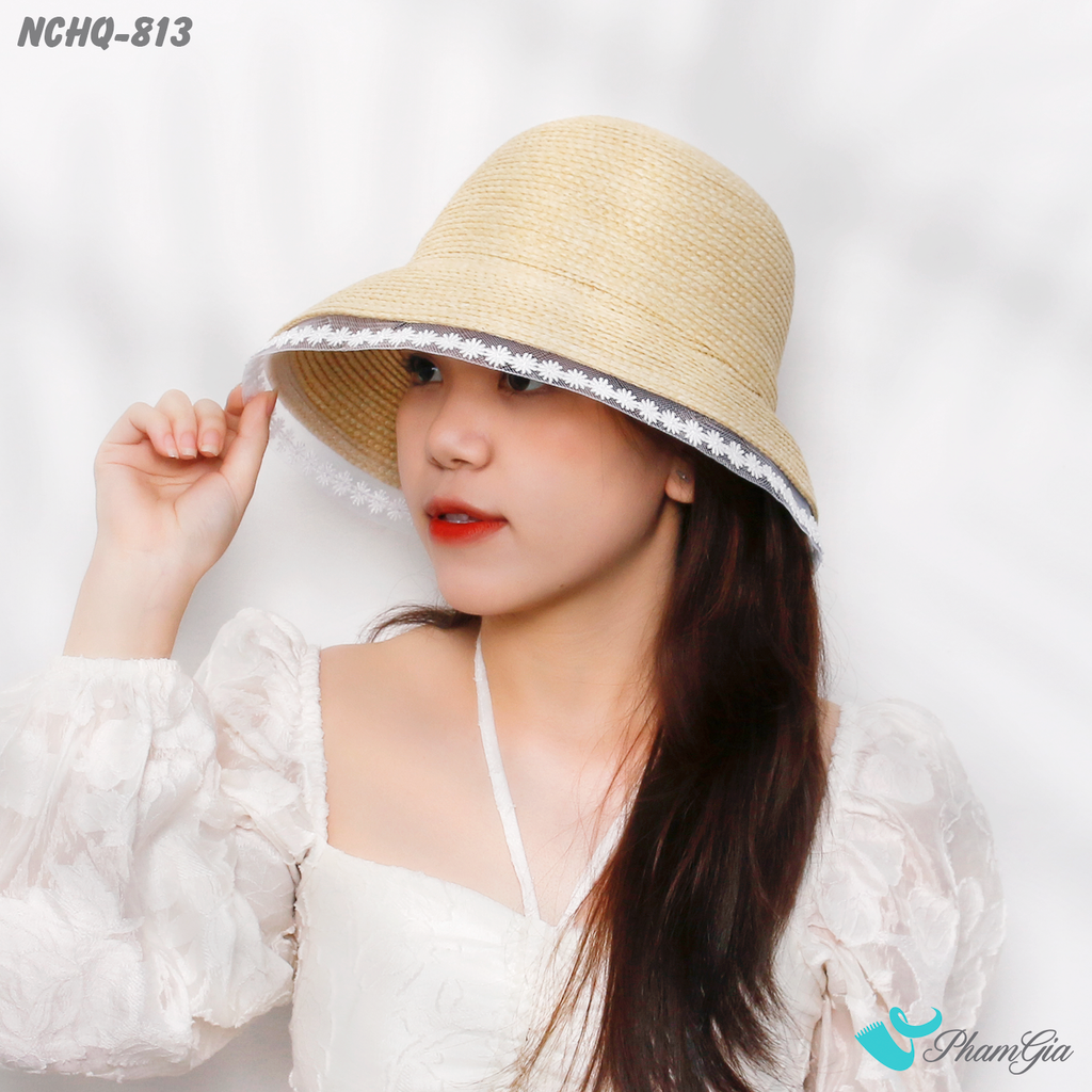 Người Mẫu Đội Nón Cói Cloche Phối Đăng Ten Cao Cấp Màu Bạc Kem