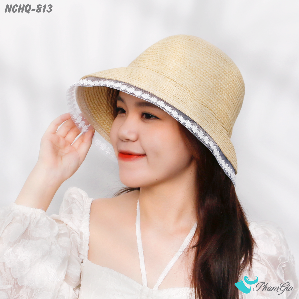 Model Đội Nón Cói Cloche Phối Đăng Ten Cao Cấp Màu Bạc Kem