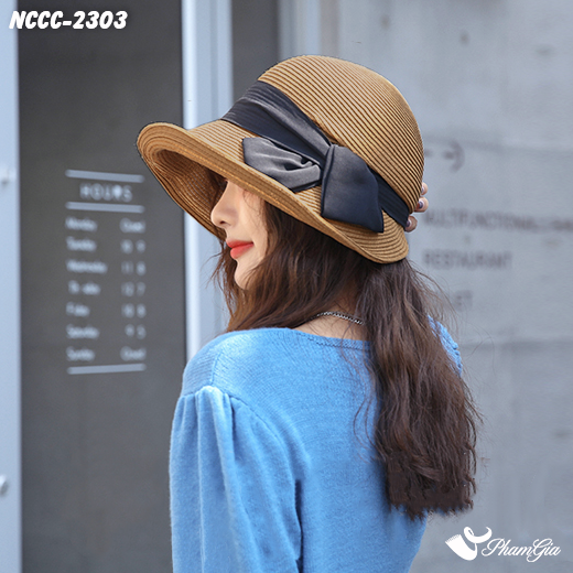 Người Mẫu Đội Nón Cói Cloche Phối Nơ Bản To Phong Cách Tiểu Thư Màu Nâu Tây