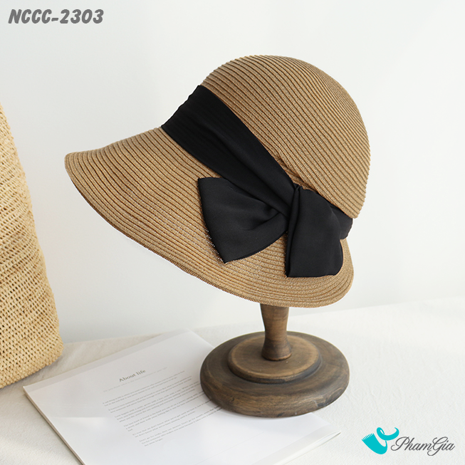 Góc Nghiêng Nón Cói Cloche Phối Nơ Bản To Phong Cách Tiểu Thư Màu Nâu Tây