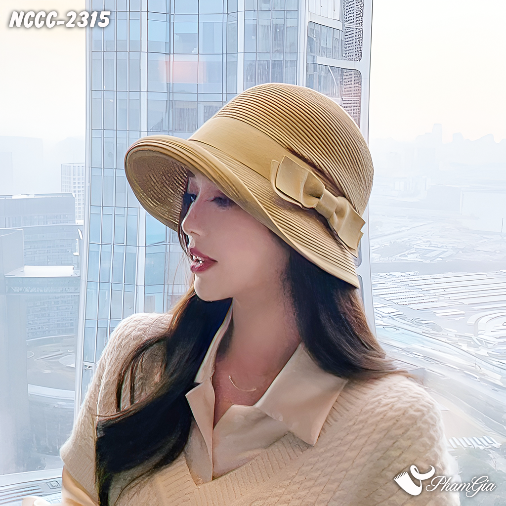 Model Đội Nón Cói Cloche Phối Nơ Tiểu Thư Màu Nâu Tây