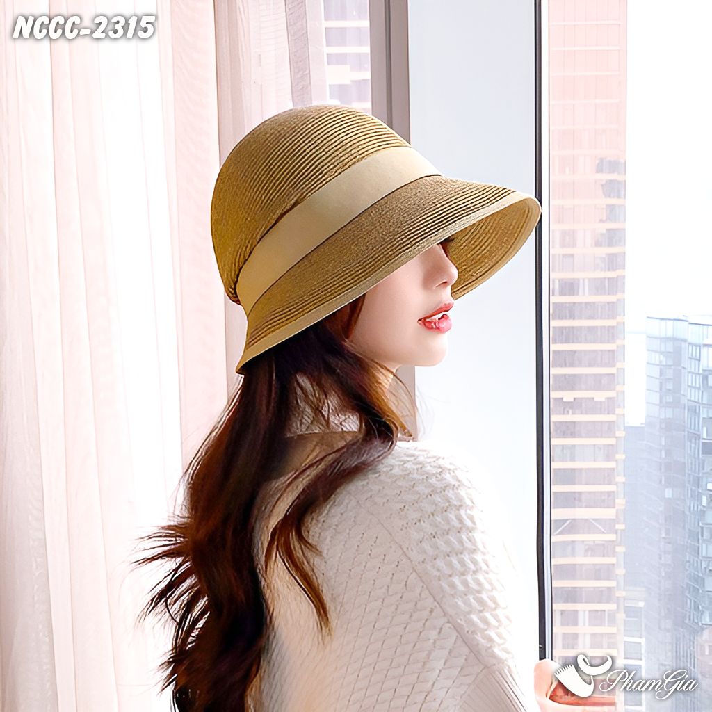 Người Mẫu Đội Nón Cói Cloche Phối Nơ Tiểu Thư Màu Nâu Tây