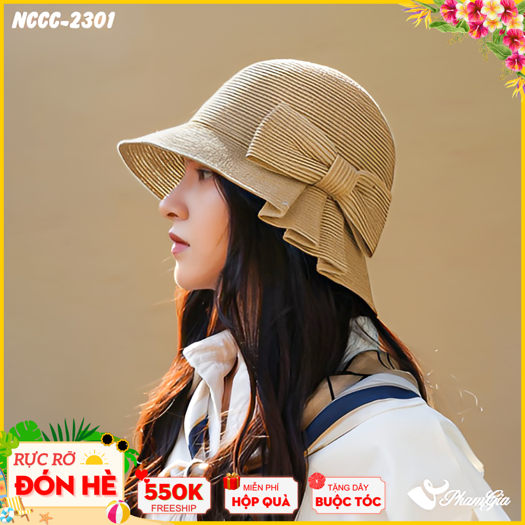 Nón Cói Cloche Vinatge Phối Nơ Bản To Cách Điệu Cao Cấp Màu Nâu Tây