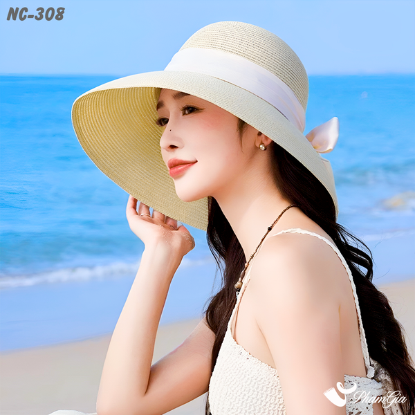 Nón Cói Rộng Vành Hiện Đại Kết Nơ Cao Cấp Màu Beige (NC308)