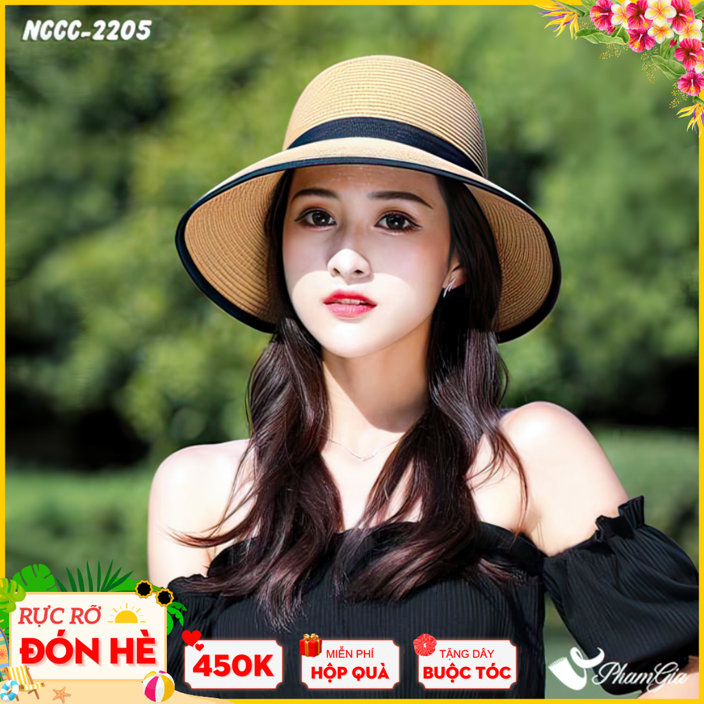Nón Cói Vành Xẻ Phối Nơ Cao Cấp Màu Nâu Tây