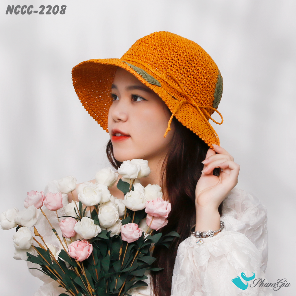 Nón Cói Vinatge Đan Họa Tiết Lá Form Mềm Màu Cam Gạch