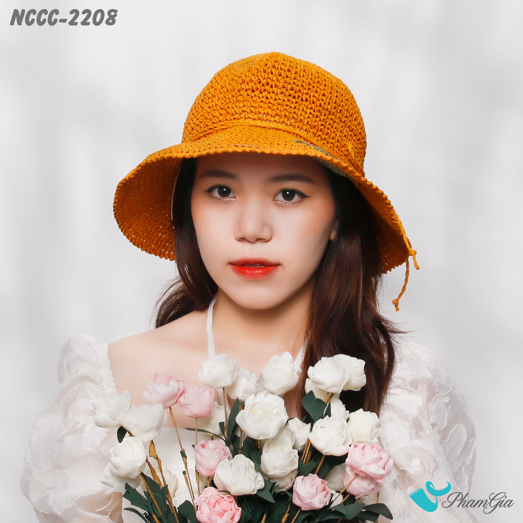Model Đội Nón Cói Vinatge Đan Họa Tiết Lá Form Mềm Màu Cam Gạch