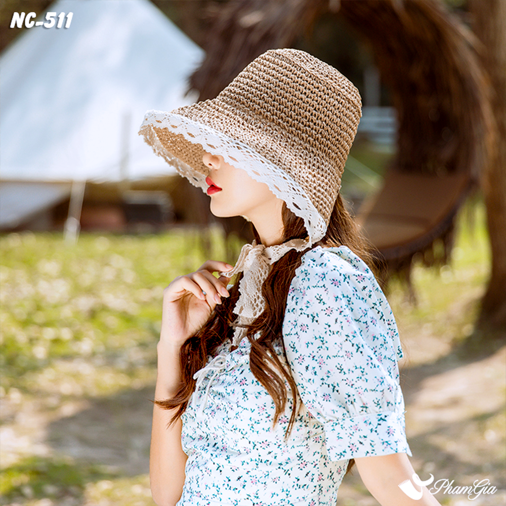 Người Mẫu Đội Nón Cói Vinatge Phối Viền Đăng-Ten Form Mềm Màu Nâu Tây
