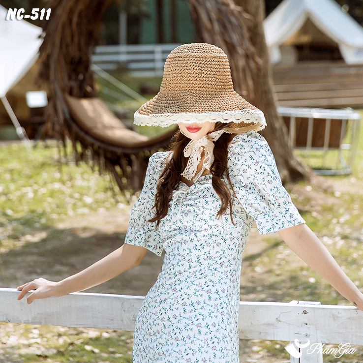 Model Đội Nón Cói Vinatge Phối Viền Đăng-Ten Form Mềm Màu Nâu Tây