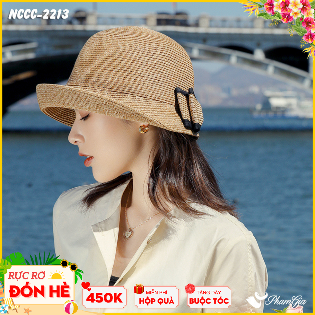 Nón Cói Vintage Phối Nơ Cao Cấp Màu Nâu Tây