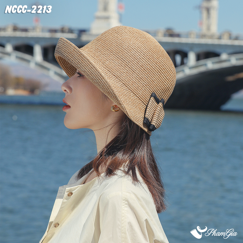 Góc Nghiêng Nón Cói Vintage Phối Nơ Cao Cấp Màu Nâu Tây