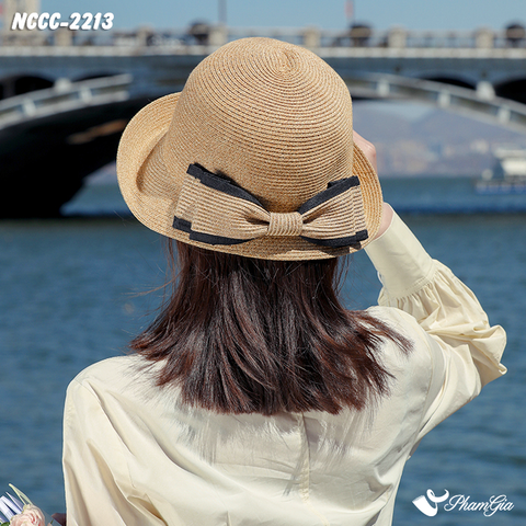 Nón Cói Vintage Phối Nơ Cao Cấp Màu Nâu Tây (NCCC2213)