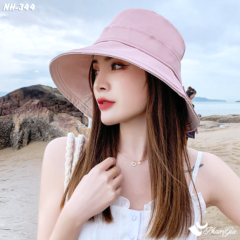Nón Kaki Rộng Vành Phối Nơ Màu Hồng Pastel