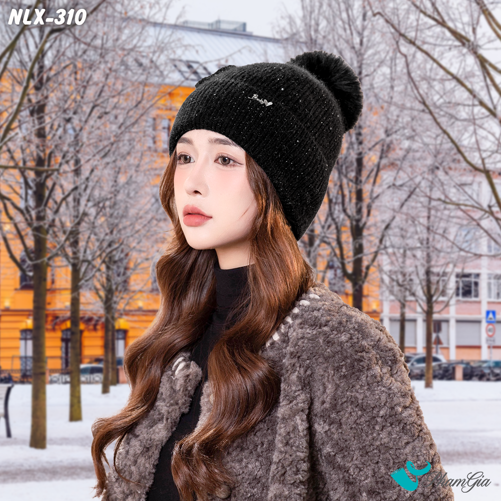Góc Nghiêng Nón Len Cánh Bướm 2 Lớp Giữ Ấm Cao Cấp Màu Đen