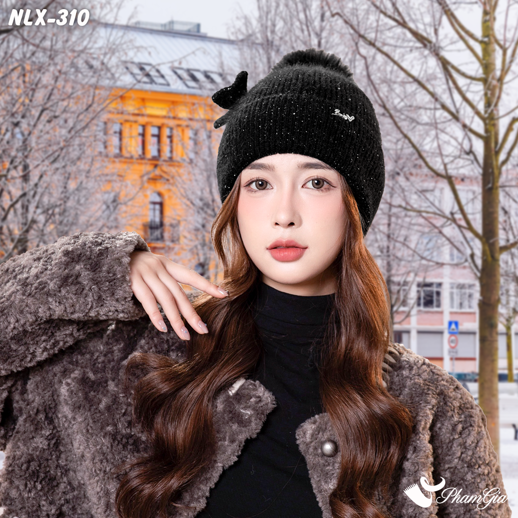 Model Đội Nón Len Cánh Bướm 2 Lớp Giữ Ấm Cao Cấp Màu Đen