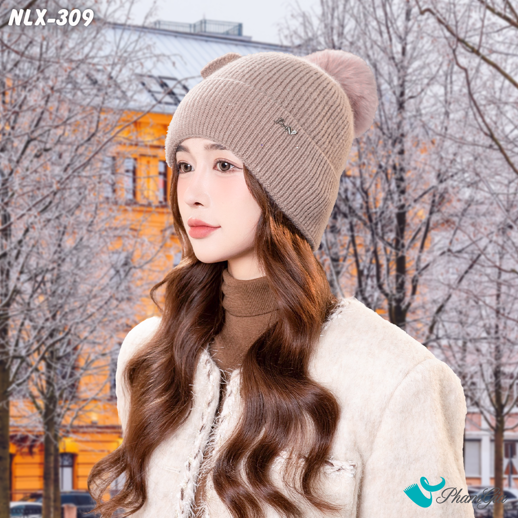 Model Đội Nón Len Cánh Bướm 2 Lớp Giữ Ấm Cao Cấp Màu Hồng Ruốc