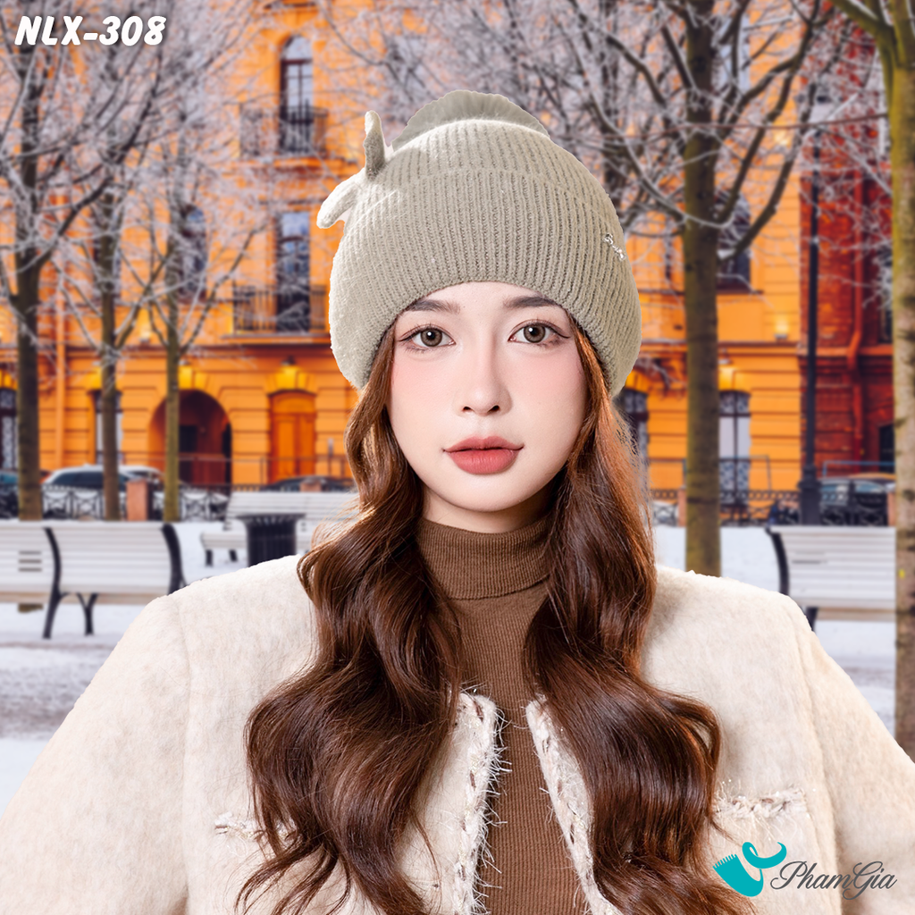 Model Đội Nón Len Cánh Bướm 2 Lớp Giữ Ấm Cao Cấp Màu Nâu Rêu