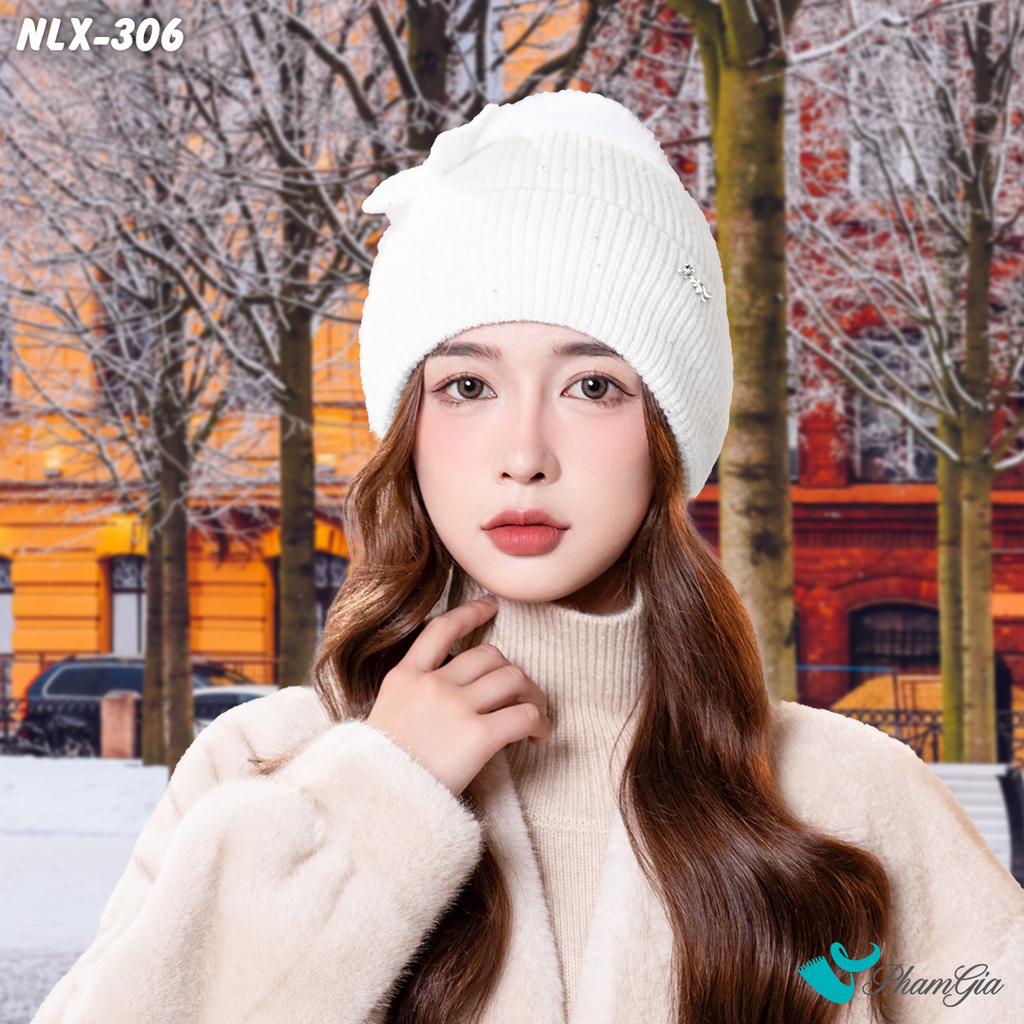 Model Đội Nón Len Cánh Bướm 2 Lớp Giữ Ấm Cao Cấp Màu Trắng