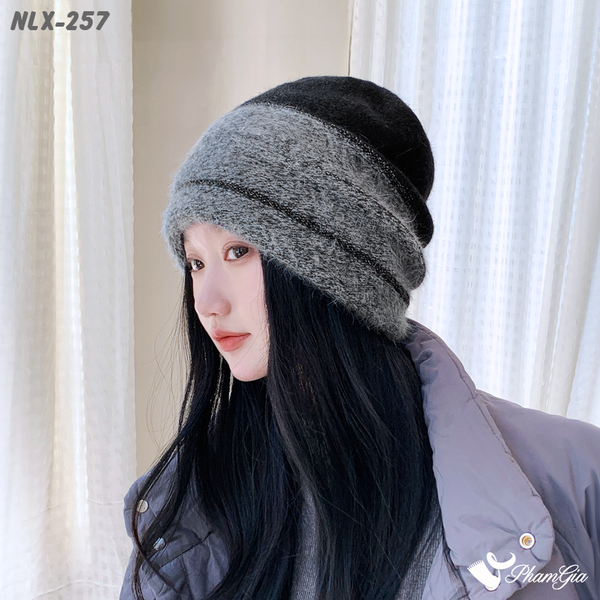 Nón Len Lông Thỏ 2 Lớp Giữ Ấm Cao Cấp Phối Màu Đen - Xám (NLX257)