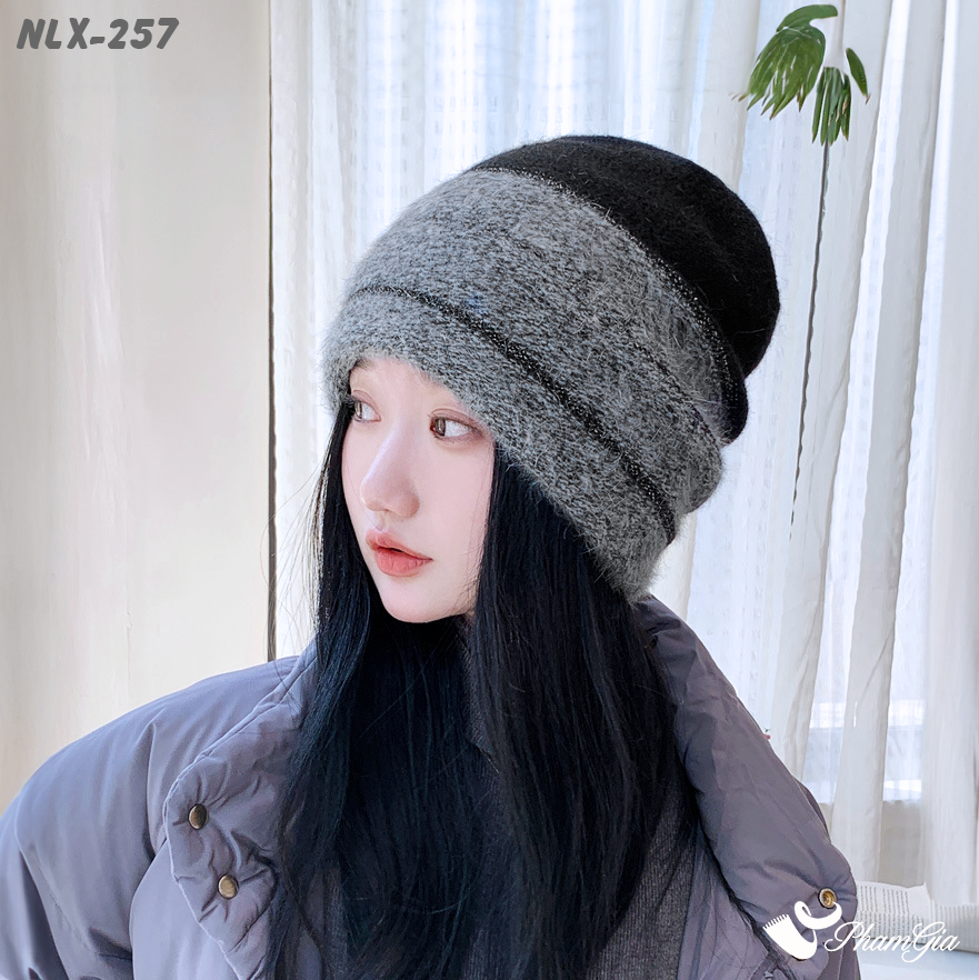 Model Đội Nón Len Lông Thỏ 2 Lớp Giữ Ấm Cao Cấp Phối Màu Đen - Xám