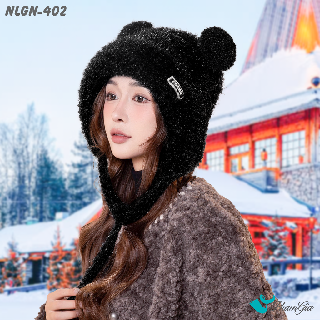 Người Mẫu Đội Nón Lông Giữ Nhiệt 2 Lớp Cao Cấp Phong Cách Tai Gấu Màu Đen