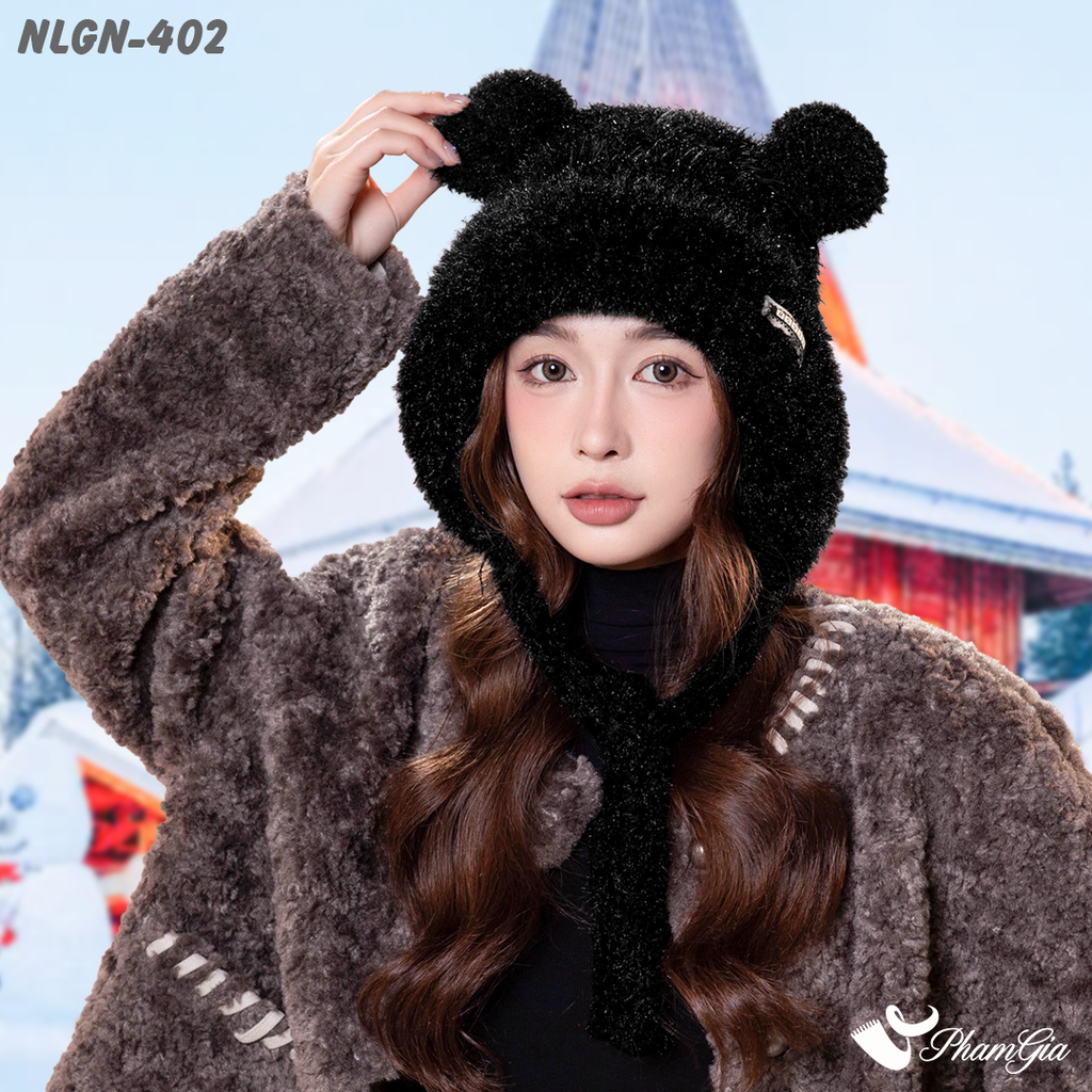 Model Đội Nón Lông Giữ Nhiệt 2 Lớp Cao Cấp Phong Cách Tai Gấu Màu Đen