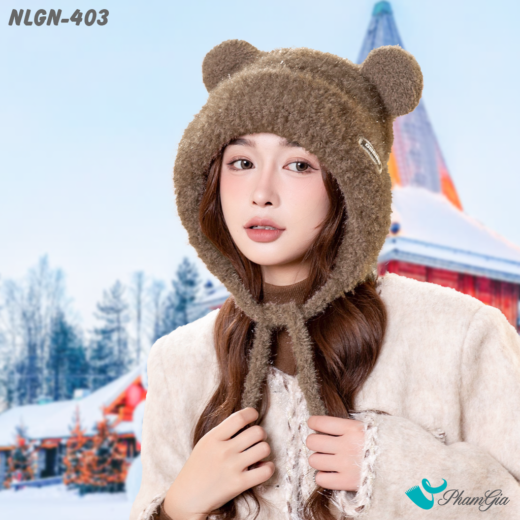 Người Mẫu Đội Nón Lông Giữ Nhiệt 2 Lớp Cao Cấp Phong Cách Tai Gấu Màu Nâu Cà Phê