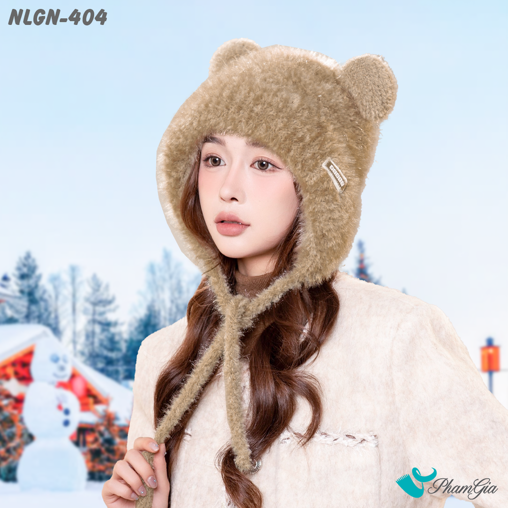 Người Mẫu Đội Nón Lông Giữ Nhiệt 2 Lớp Cao Cấp Phong Cách Tai Gấu Màu Nâu Tây