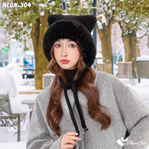 Nón Lông Giữ Nhiệt 2 Lớp Cao Cấp Phong Cách Tai Mèo Màu Đen (NLGN304)