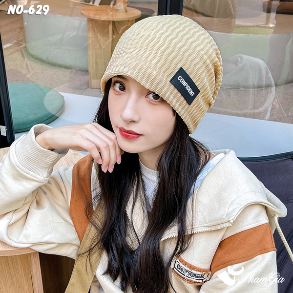 Nón Ống Thời Trang Đính Tag Unisex Cá Tính Màu Nâu Beige (NO629)