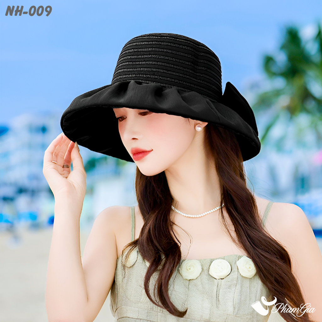 Góc Nghiêng Nón Rộng Vành Cao Cấp Kết Nơ Thanh Lịch Màu Đen