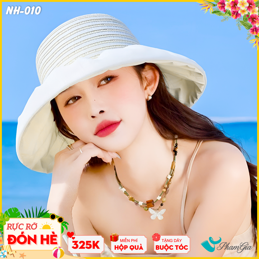 Nón Rộng Vành Cao Cấp Kết Nơ Thanh Lịch Màu Trắng