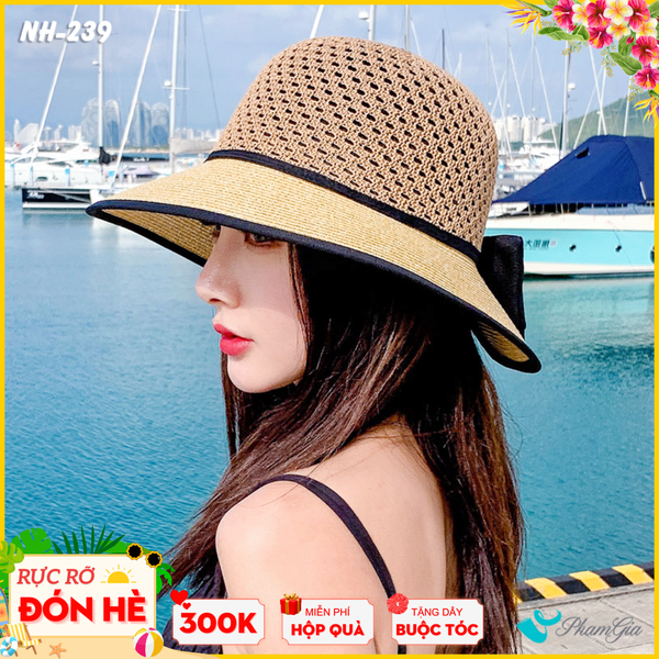Nón Rộng Vành Phối Nơ Màu Beige - Đen (NH239)