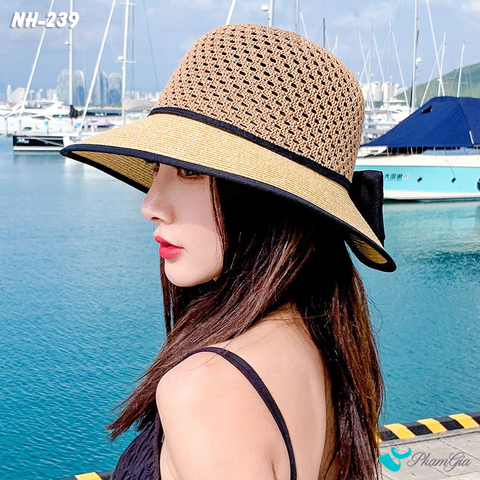 Nón Rộng Vành Phối Nơ Màu Beige - Đen