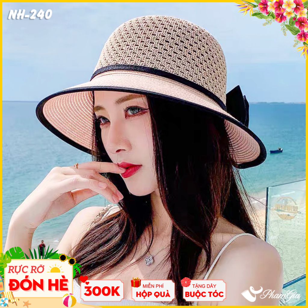 Nón Rộng Vành Phối Nơ Màu Hồng Phớt - Đen