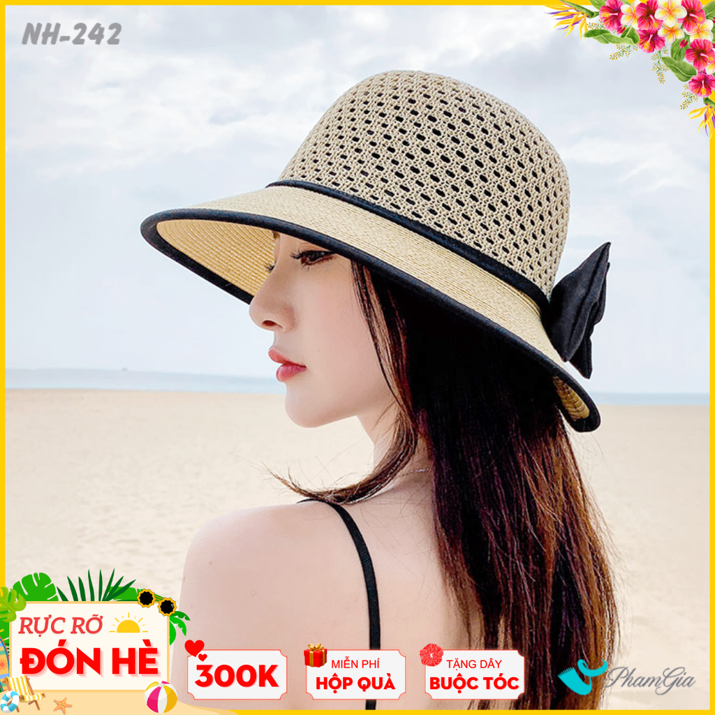 Nón Rộng Vành Phối Nơ Màu Kem - Đen