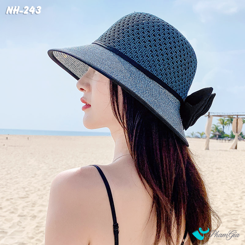 Nón Rộng Vành Phối Nơ Màu Xanh Navy - Đen