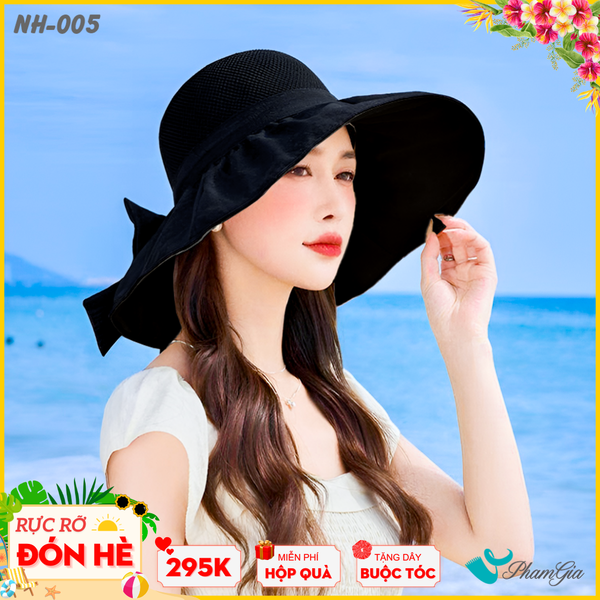 Nón Rộng Vành Phối Vải Xước Kết Nơ Cao Cấp Màu Đen (NH005)