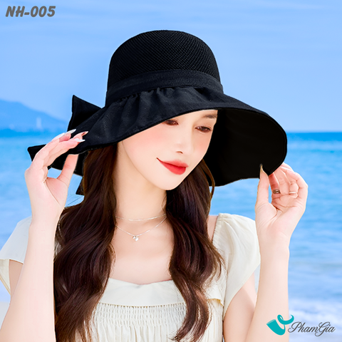 Người Mẫu Đội Nón Rộng Vành Phối Vải Xước Kết Nơ Cao Cấp Màu Đen