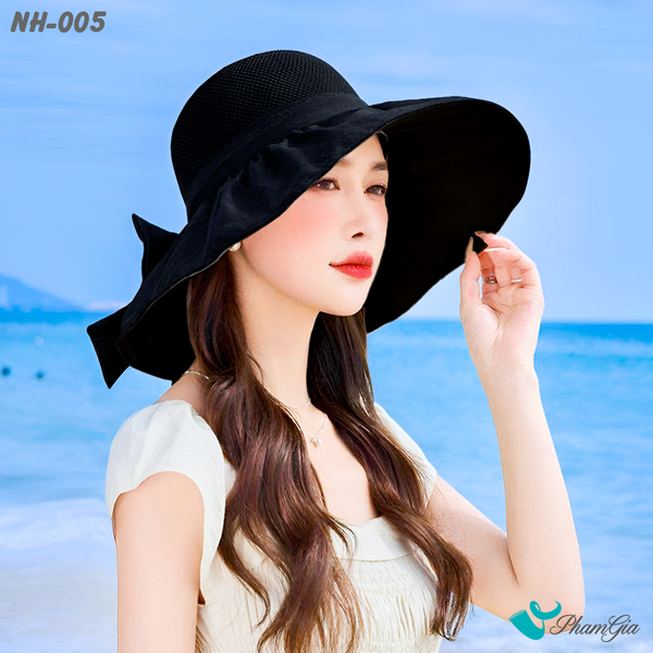 Nón Rộng Vành Phối Vải Xước Kết Nơ Cao Cấp Màu Đen (NH005)