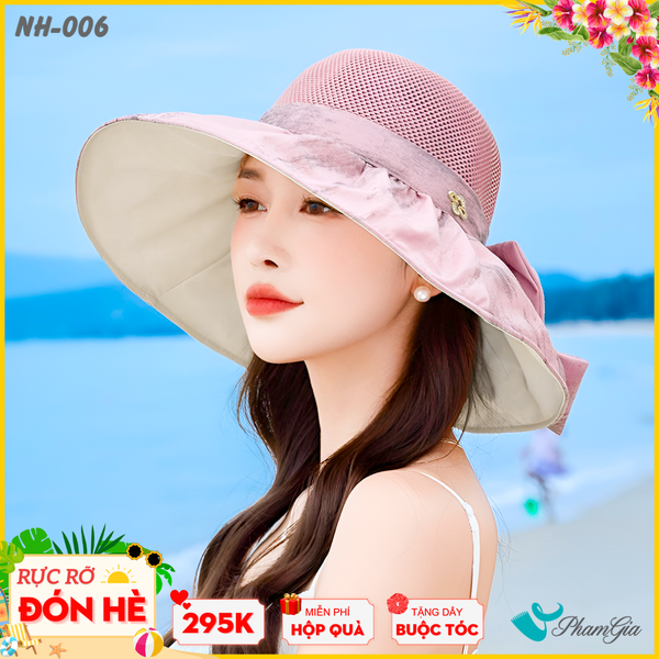 Nón Rộng Vành Phối Vải Xước Kết Nơ Cao Cấp Màu Hồng (NH006)