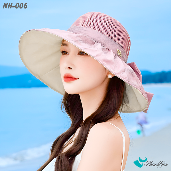Nón Rộng Vành Phối Vải Xước Kết Nơ Cao Cấp Màu Hồng (NH006)