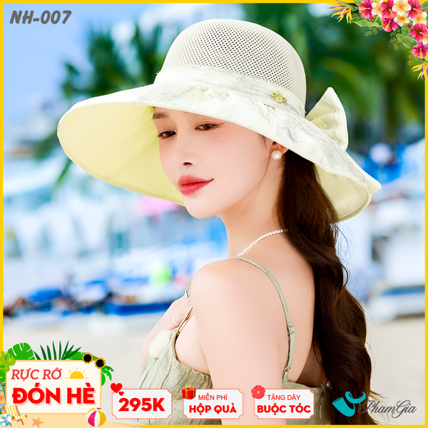 Nón Rộng Vành Phối Vải Xước Kết Nơ Cao Cấp Màu Trắng Kem (NH007)